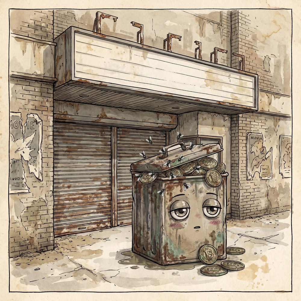 TRASHBAG #1092 — a Bitcoin bin outside a shuttered cinema